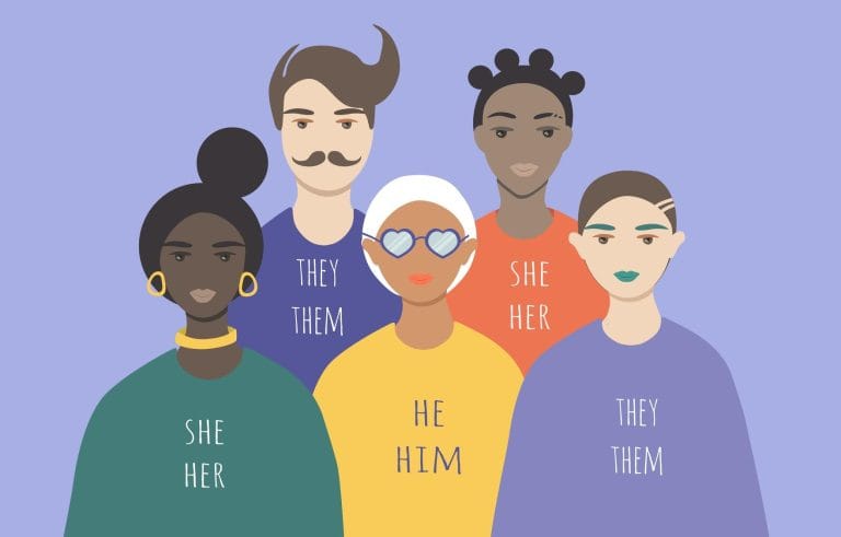 An illustration showing a group of human figures wearing colorful shirts with pronouns written on them | Sexual Orientation & Identity